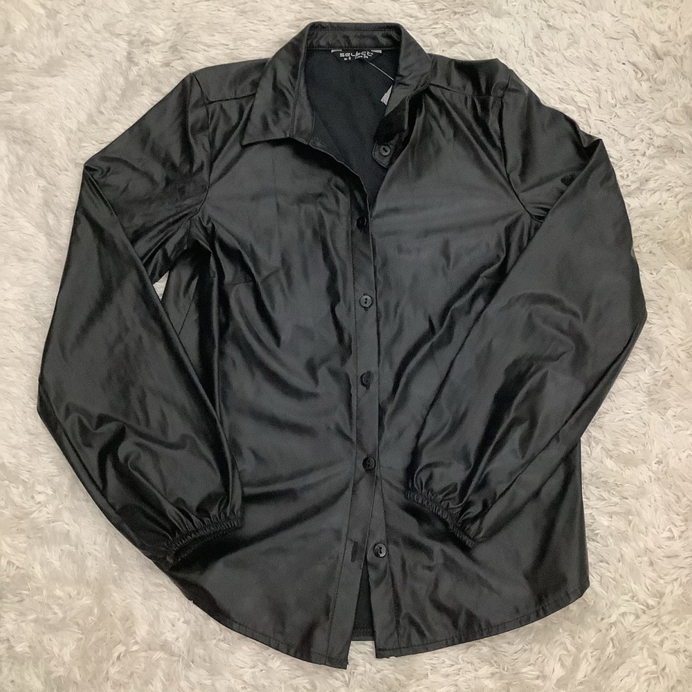 NWT Black faux leather button down top